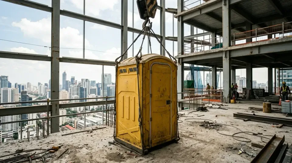 Portable Toilet — Construction Site — Portable Toilet, Crane Hook, Steel Beams, Construction Site, Standard Porta Potty Rent…
